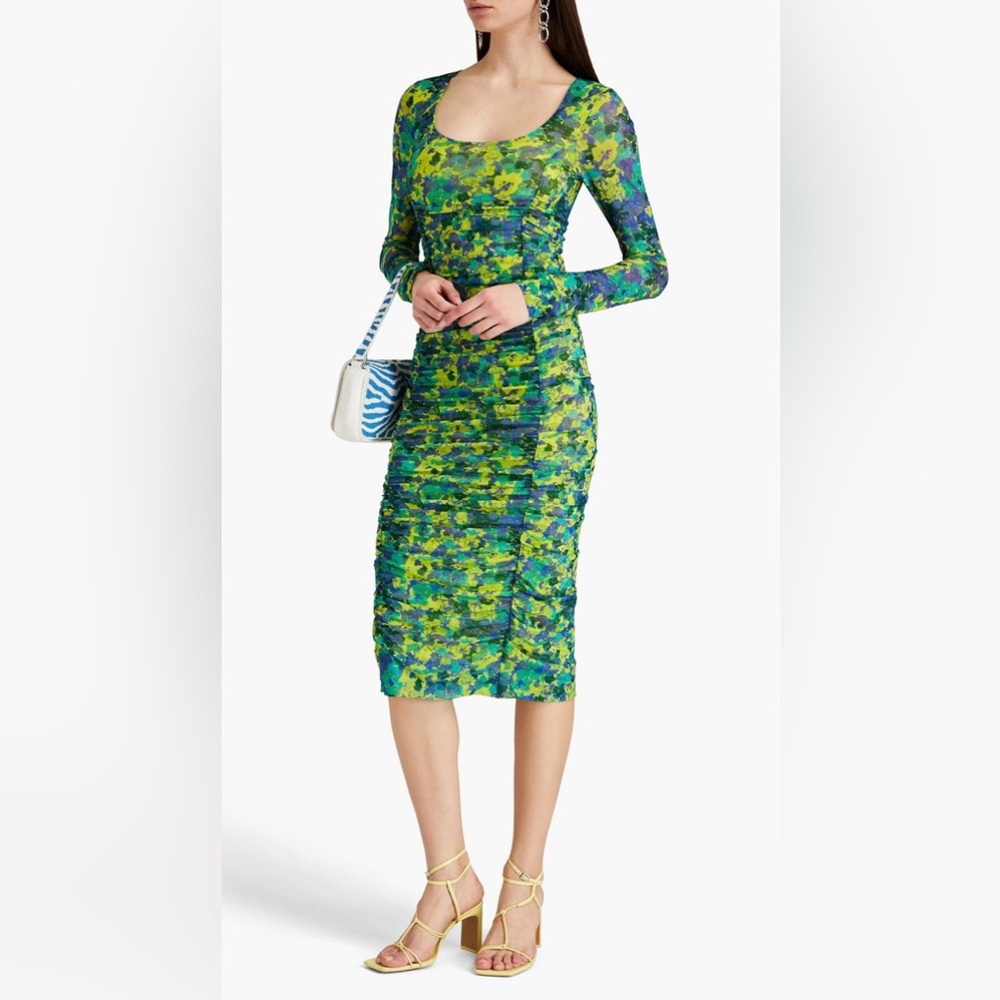 Ganni Ruched Printed Stretch-Mesh Midi Dress
